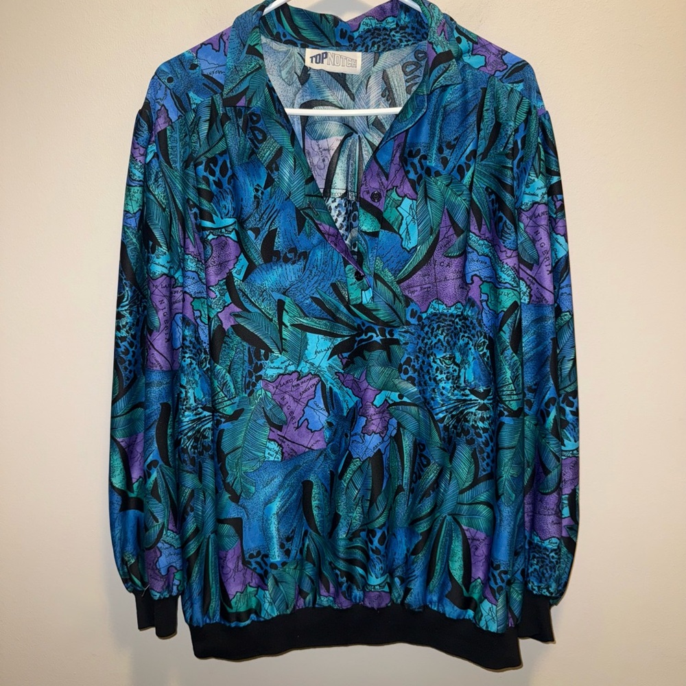 Vibrant Vintage Jungle Print Long Sleeve Top - Teal and Violet